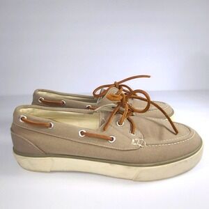 Polo Ralph Lauren Sander Mens Canvas Boat Shoes Size 8D Tan Casual Deck Sneakers